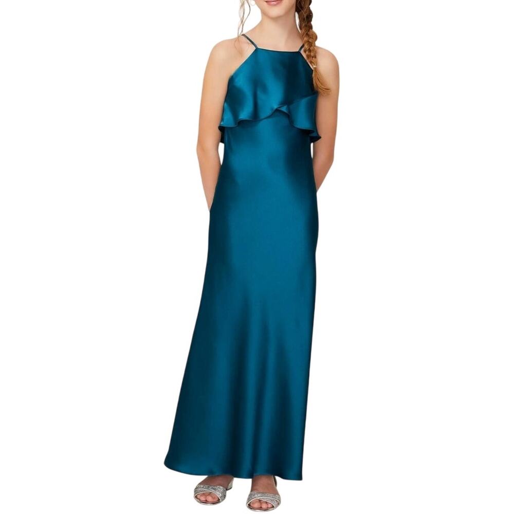 Morilee Junior Bridesmaid Teal Satin Flounce Bodice Full Length Dress 13214
